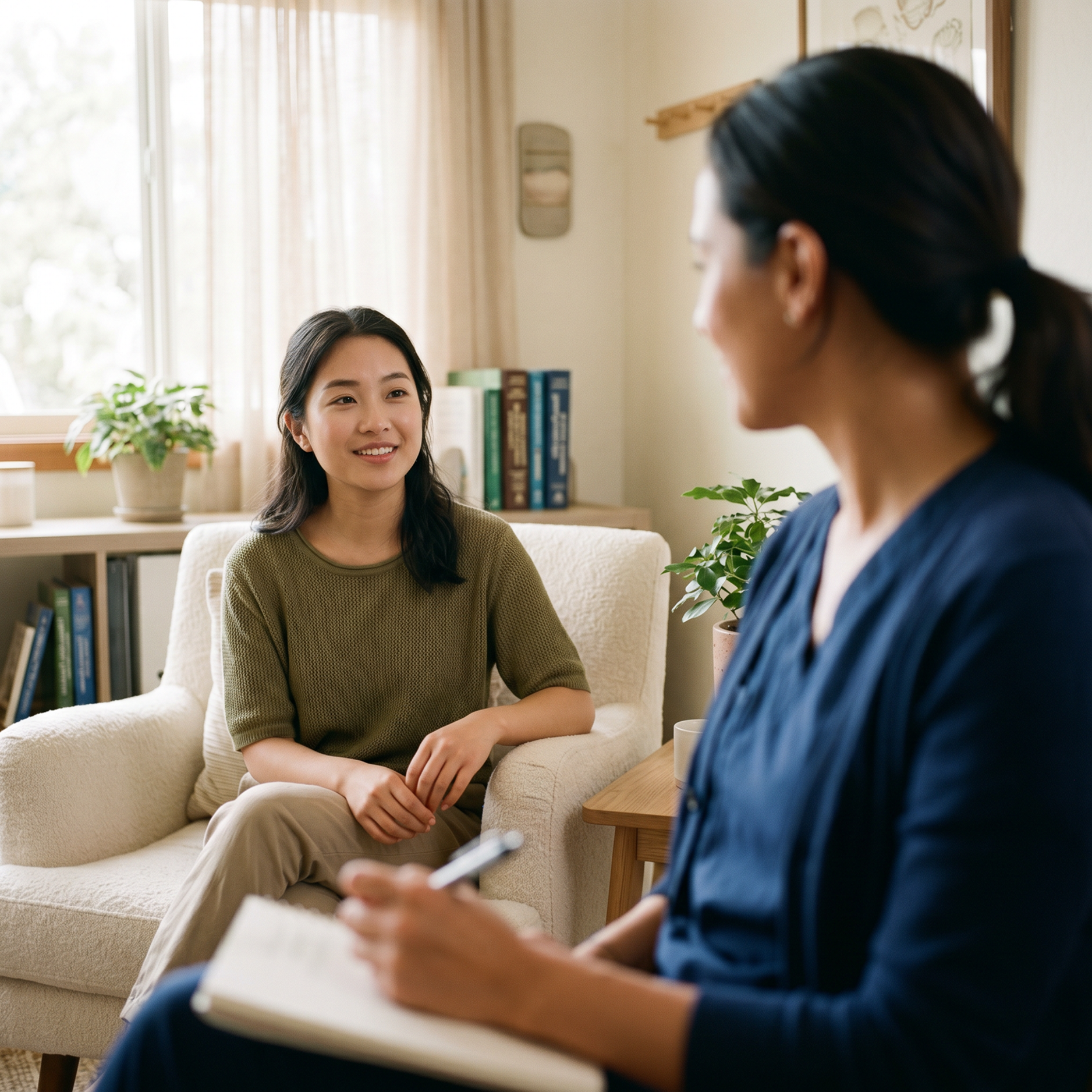 A warm, sunlit consultation between a practitioner and client